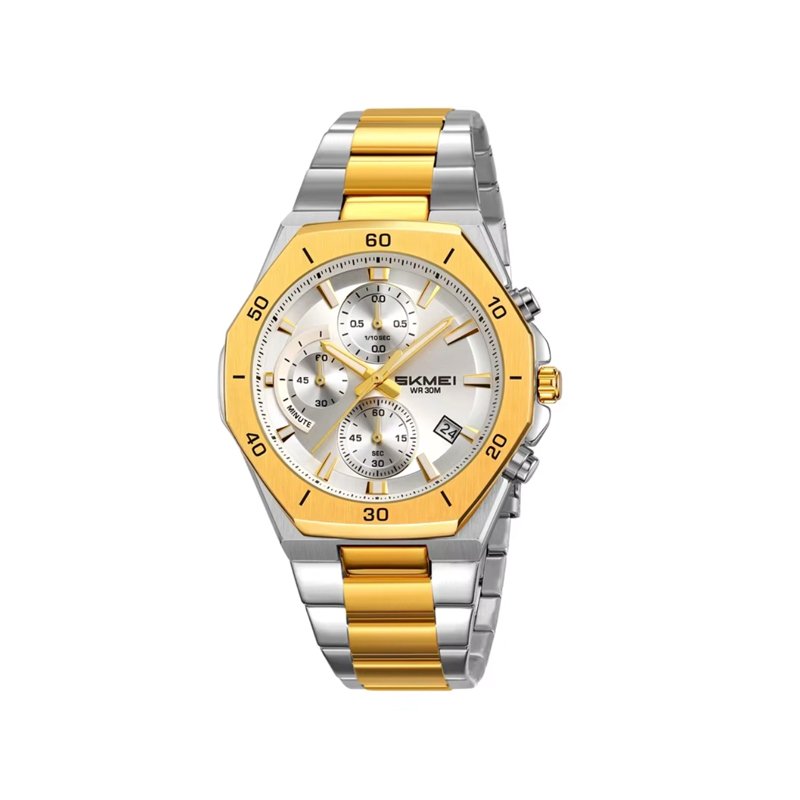 Skmei 2452 Chronograph Luminous Stainless Steel Quartz Watch for Men- Silver Gold