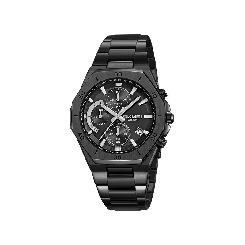 Skmei 2452 Chronograph Luminous Stainless Steel Quartz Watch for Men- Black