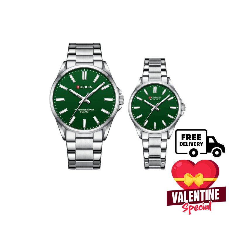 Curren 9090 Couple Quartz Stainless Steel Analog Watch (Silver Green)