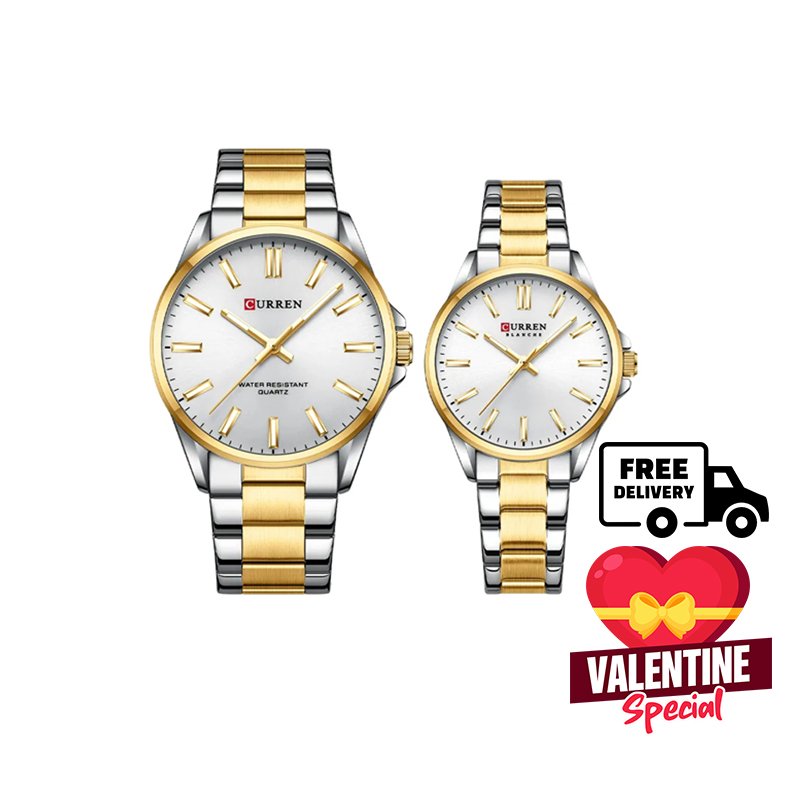 Curren 9090 Couple Quartz Stainless Steel Analog Watch- (Silver & Golden White)