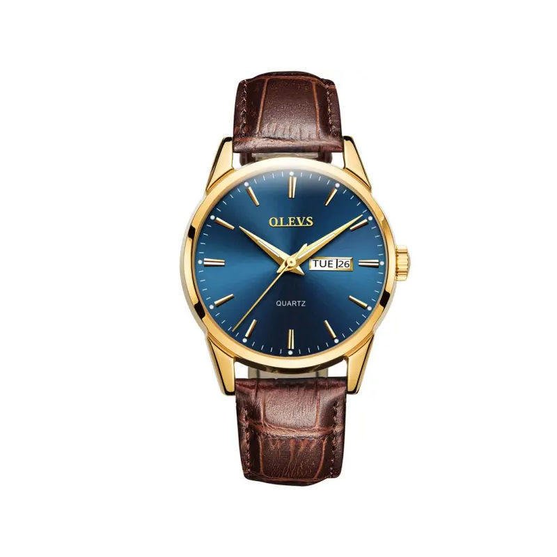 Olevs 6898 Luxury Leather Strap Quartz Men’s Watch – Brown & Blue