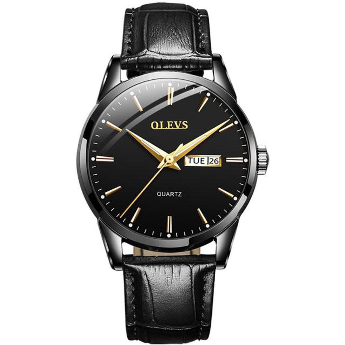 OLEVS 6898 Black PU Leather Analog Watch For Men – Black