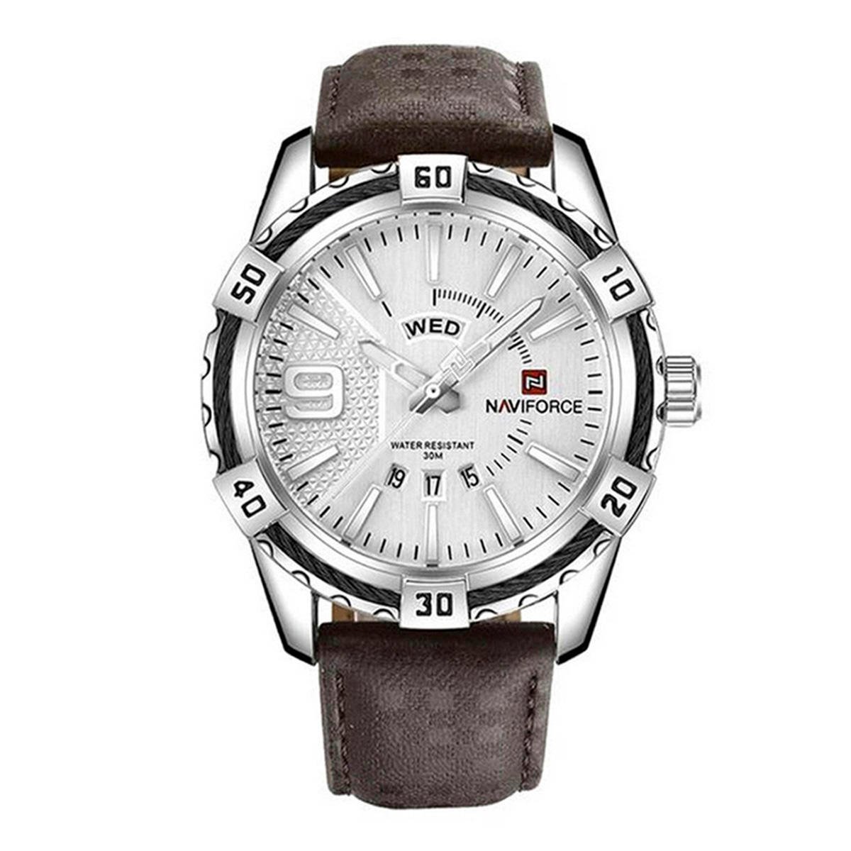 Naviforce NF9117 Coffee PU Leather Analog Watch for Men – Silver & Coffee