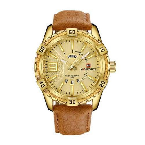 Naviforce NF9117 Brown PU Leather Analog Watch for Men – Golden & Brown