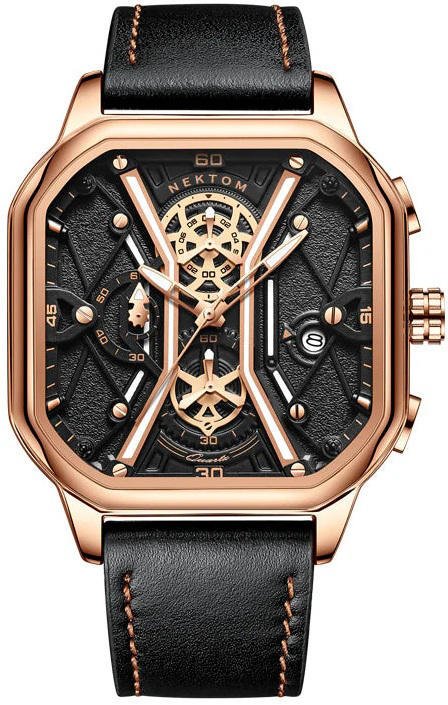 Nektom 8238 Leather Multifunctional Watch for Men – Gold