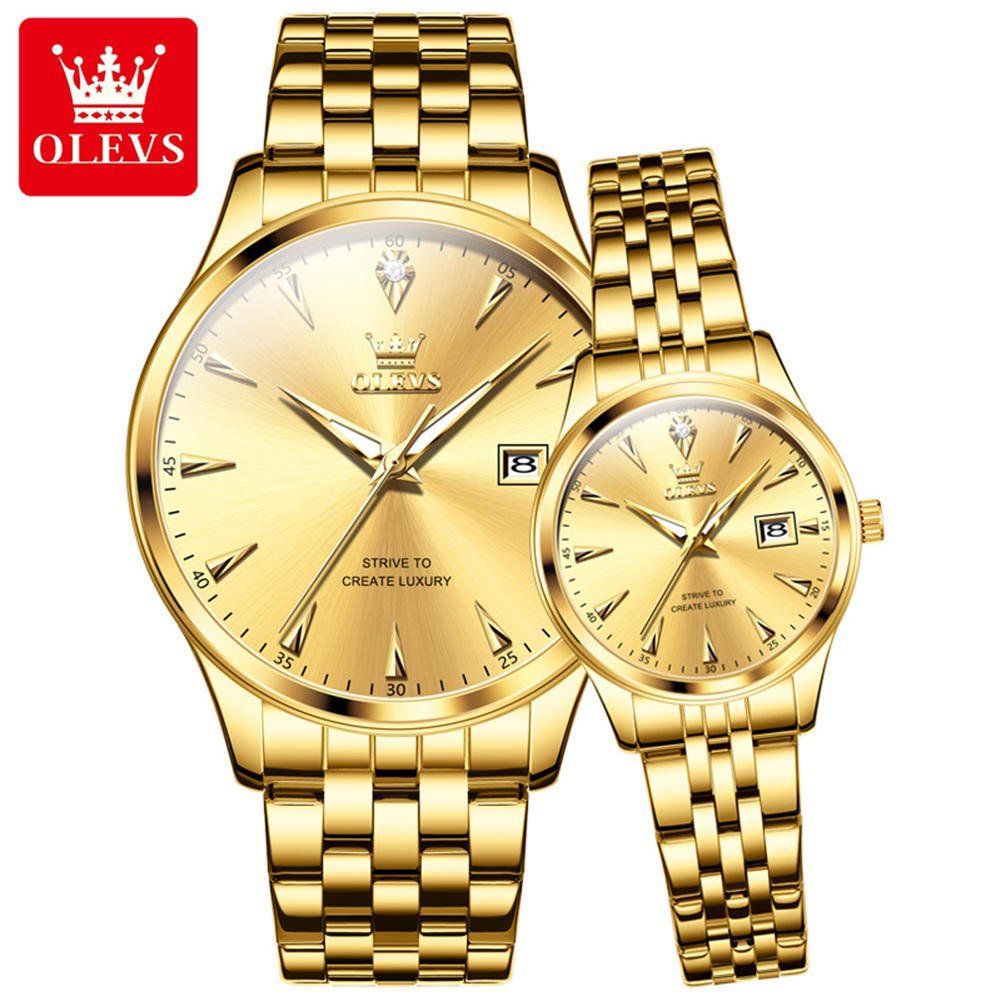 OLEVS 5598 Stainless Steel Analog Wrist Watch For Couple – Golden